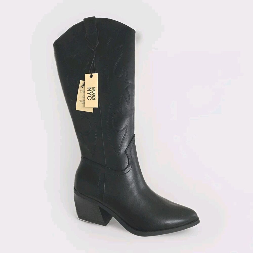 Madden NYC Western Boots Sz 6 Black‎ Tall Embroidered Block Heel Pointed Toe